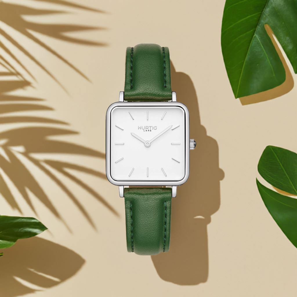 Neliö Square Vegan Leather Silver/White/Green Watch Hurtig Lane Vegan Watches