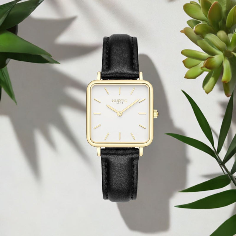 Neliö Square Vegan Leather Watch Gold, White & Black Watch Hurtig Lane Vegan Watches