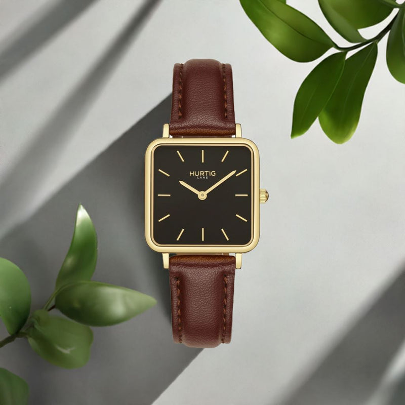 Neliö Square Vegan Leather Watch Gold, Black & Chestnut Watch Hurtig Lane Vegan Watches