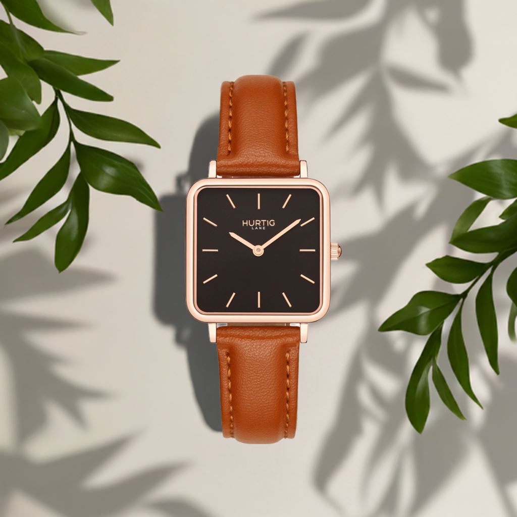 Neliö Square Vegan Leather Rose Gold/Black/Tan Watch Hurtig Lane Vegan Watches