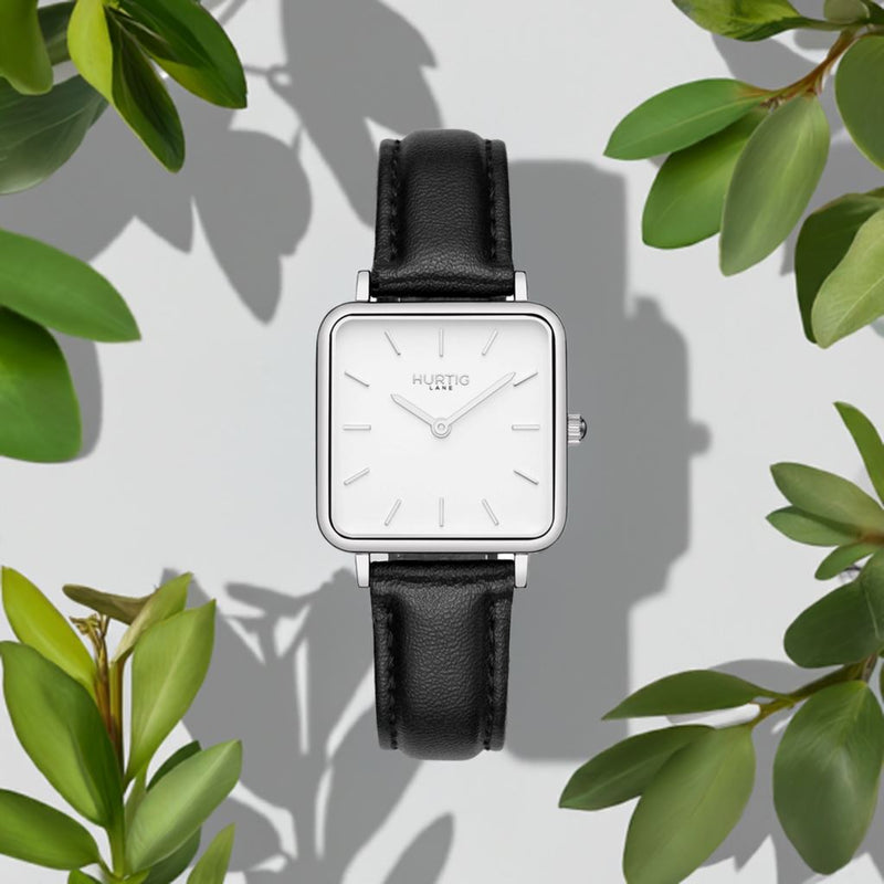 Neliö Square Vegan Leather Watch Silver, White & Black Watch Hurtig Lane Vegan Watches