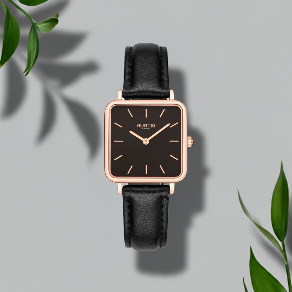 Neliö Square Vegan Leather Rose Gold/Black/Black Watch Hurtig Lane Vegan Watches